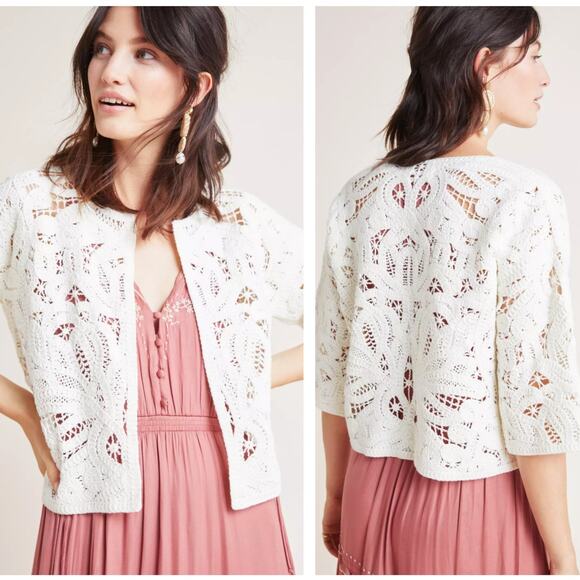 ANTHROPOLOGIE Lace Kimono Cropped Topper Cardigan Ivory Sz XS {3C11} - Picture 1 of 5